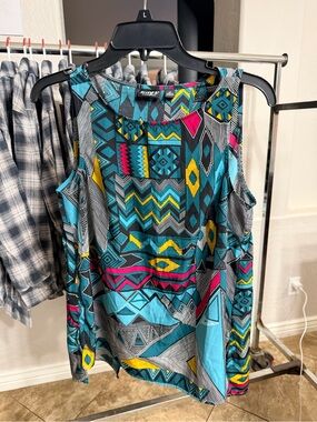 Allen B - Teal Geometric Print Sleeveless Tank with Yellow & Pink Accents